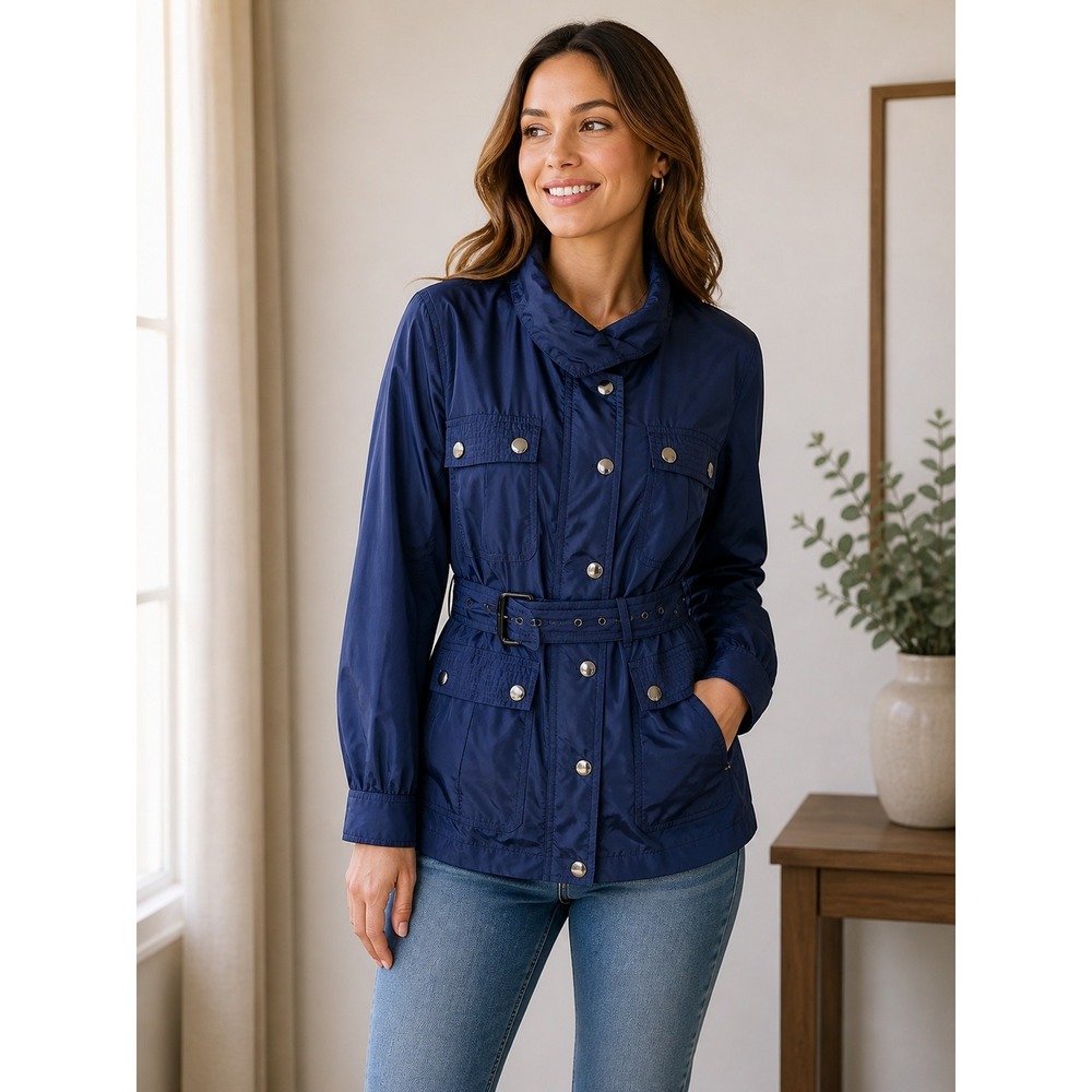 Martin + Osa Womens Navy Blue Belted Utility Safari Jacket Size L Mock Neck Snap